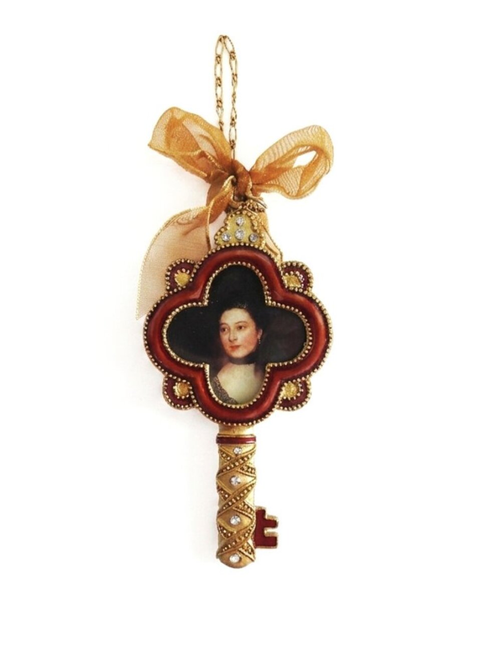 Vintage Victorian Ornate Gold Key Picture Frame Ribbon Ornament 6.5"